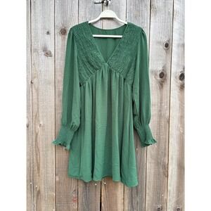 Cupshe Forest Green Smocked V-Neck Mini Dress Bishop Sleeve Size L